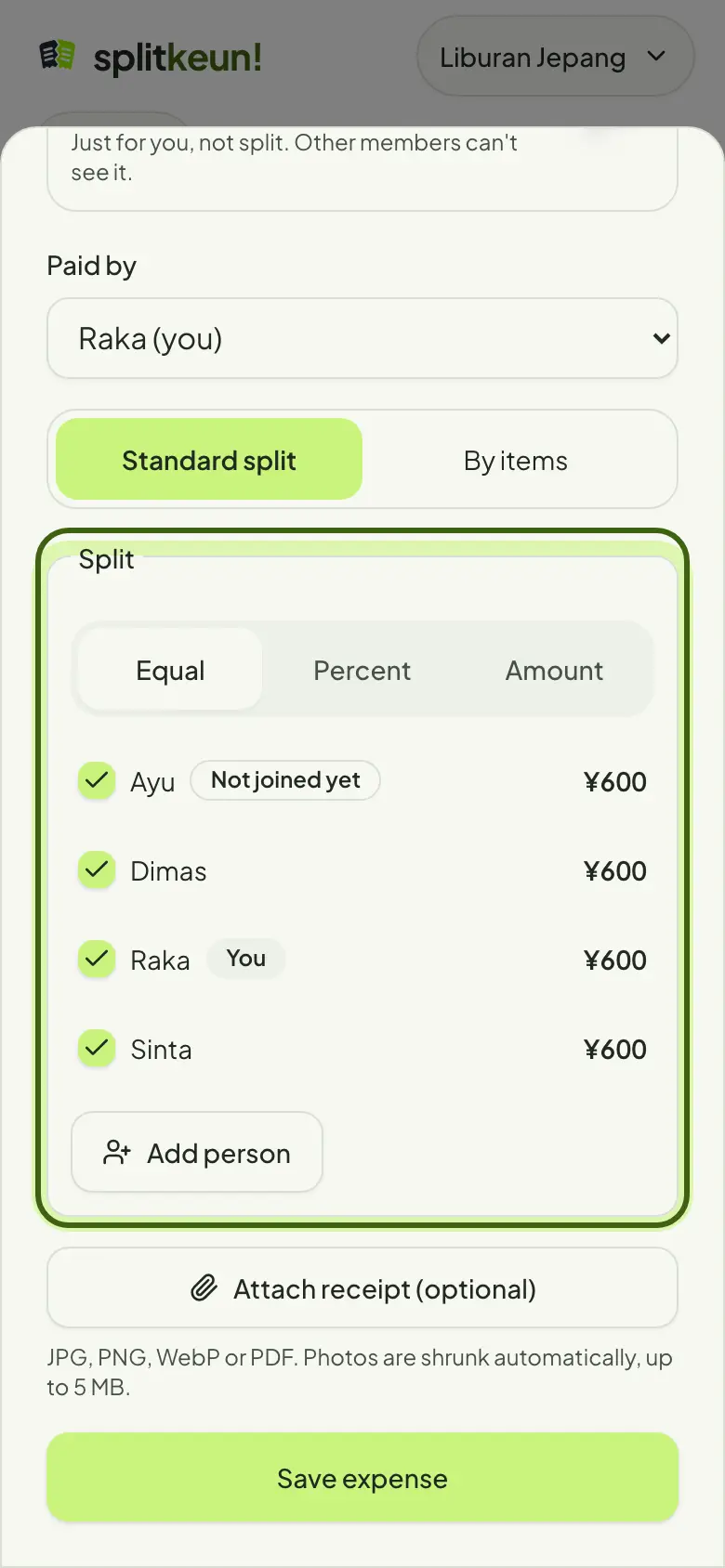 Screenshot: Choose how to split
