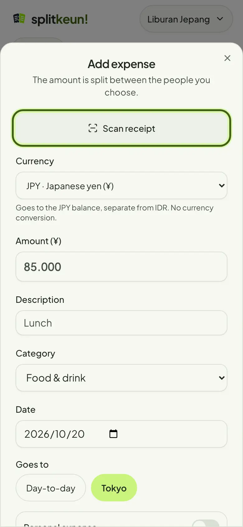 Screenshot: Scan a receipt