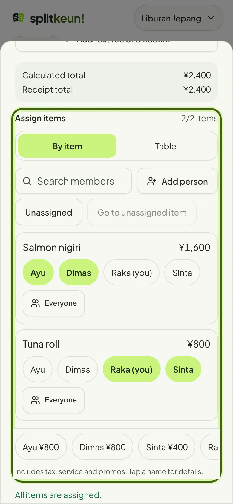 Screenshot: Split by item