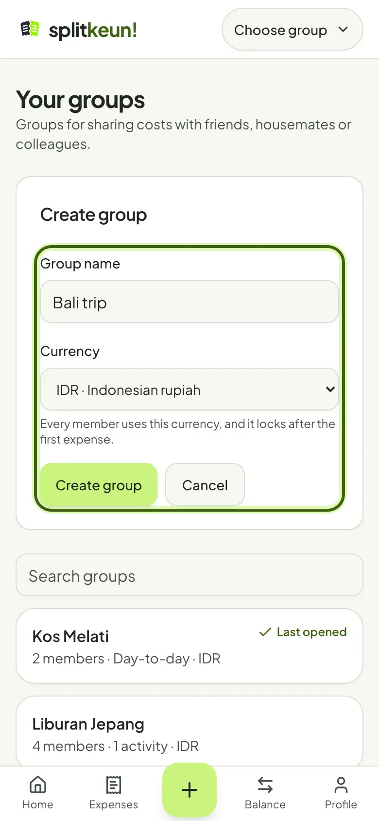 Creating a new group in Splitkeun