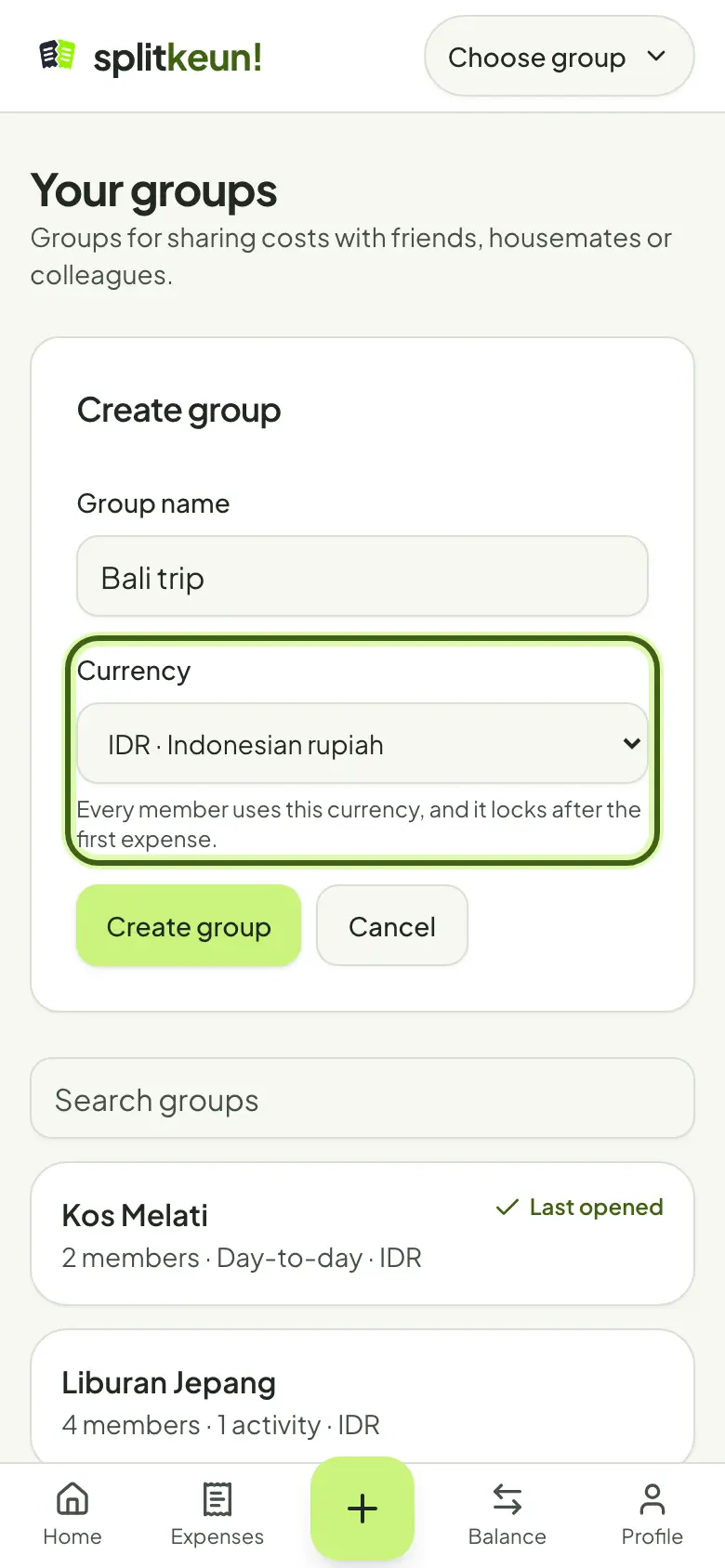 Screenshot: Pick the group's currency