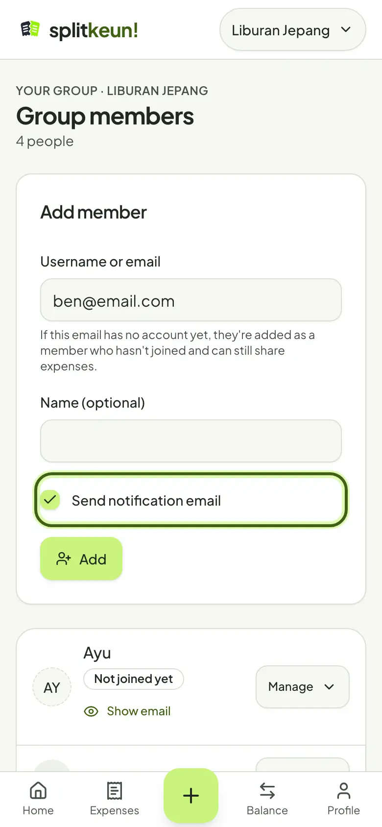 Screenshot: Let them know by email