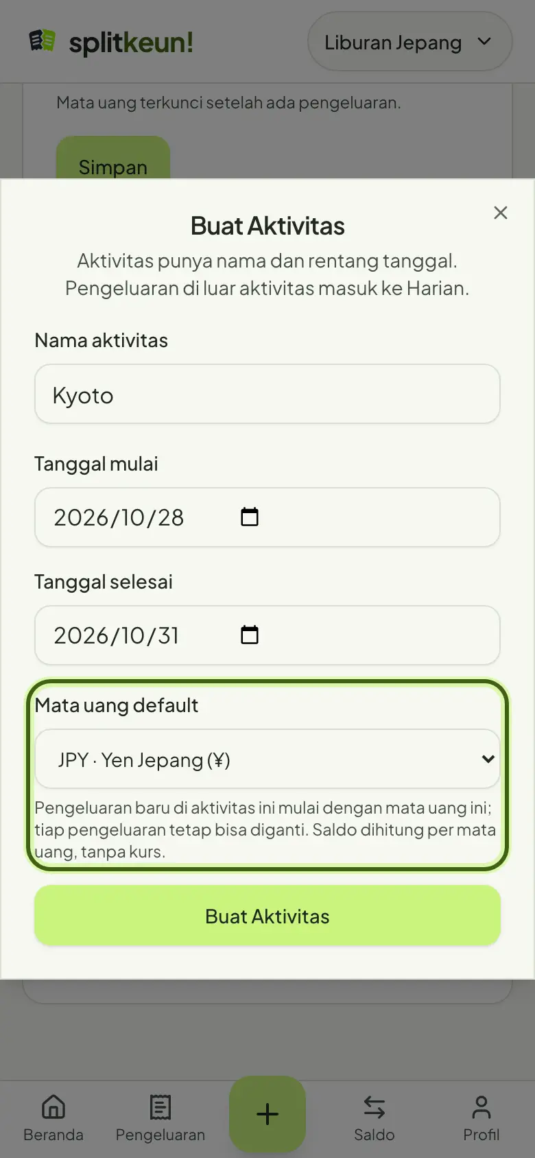 Tangkapan layar: Pilih mata uang default