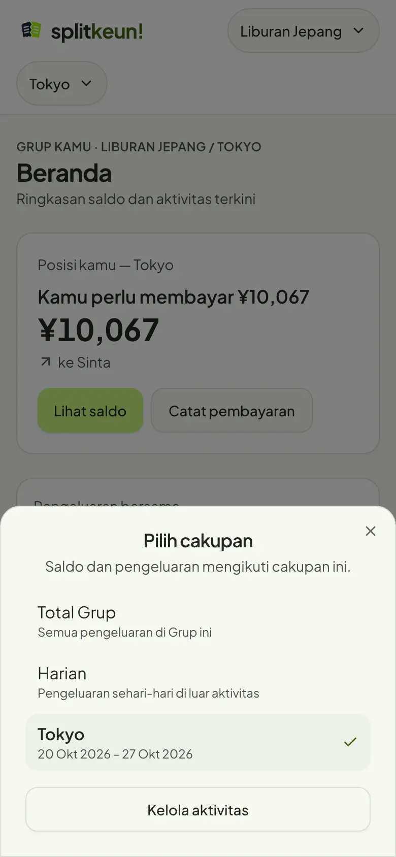 Tangkapan layar: Pindah antara Aktivitas dan Harian