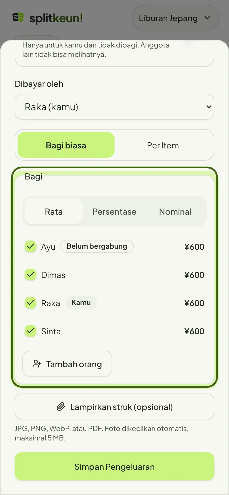 Tangkapan layar: Pilih cara bagi
