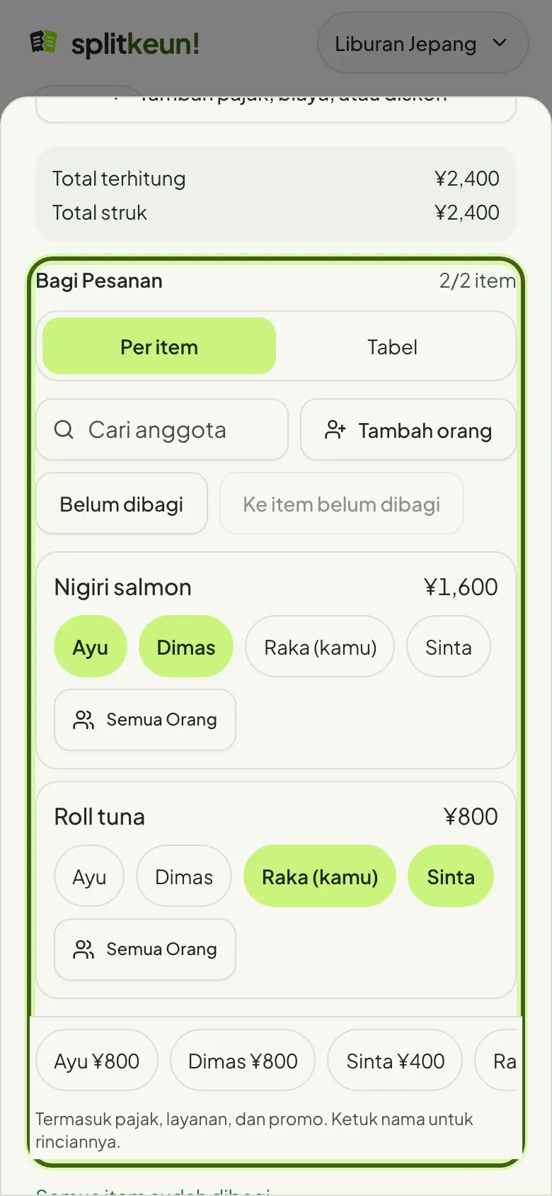 Tangkapan layar: Bagi per item