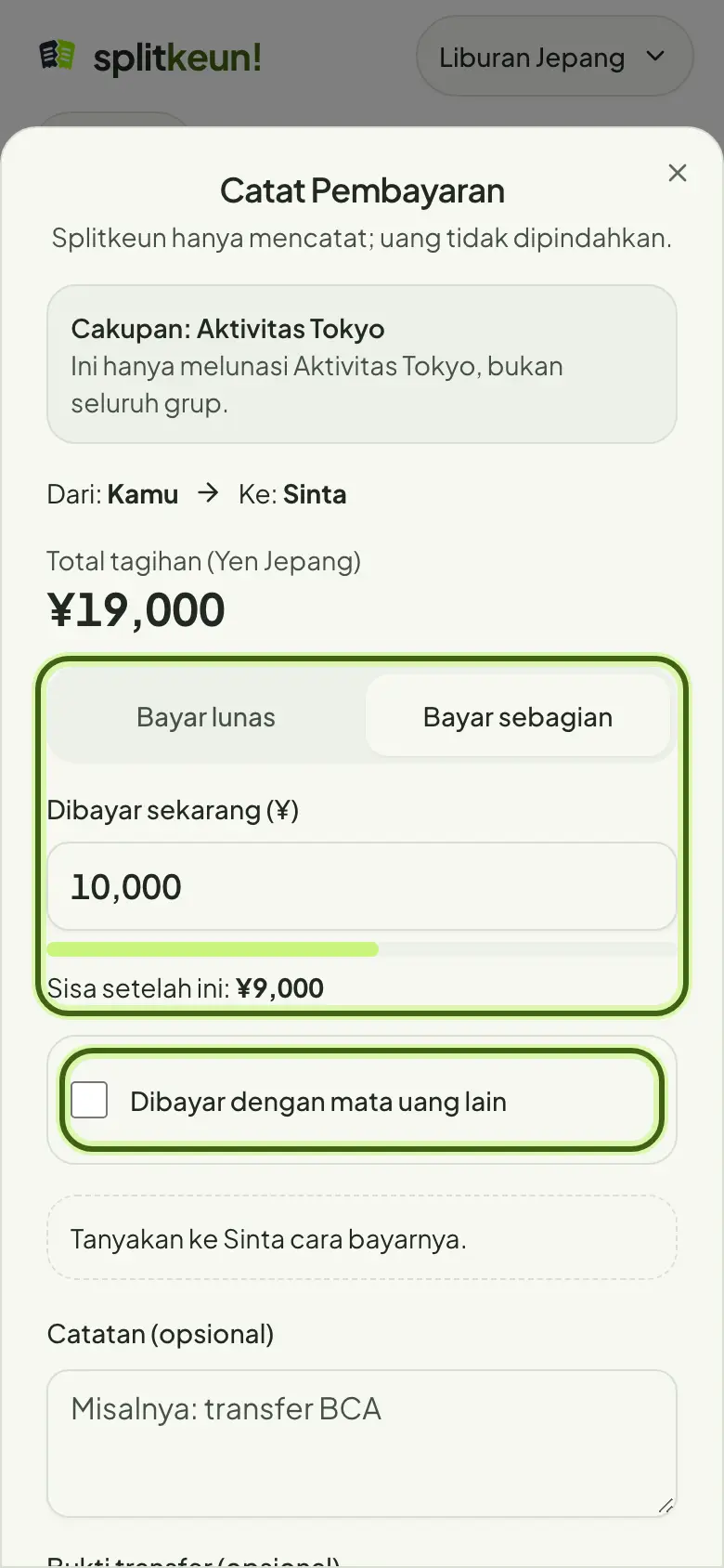Tangkapan layar: Bayar sebagian atau pakai mata uang lain