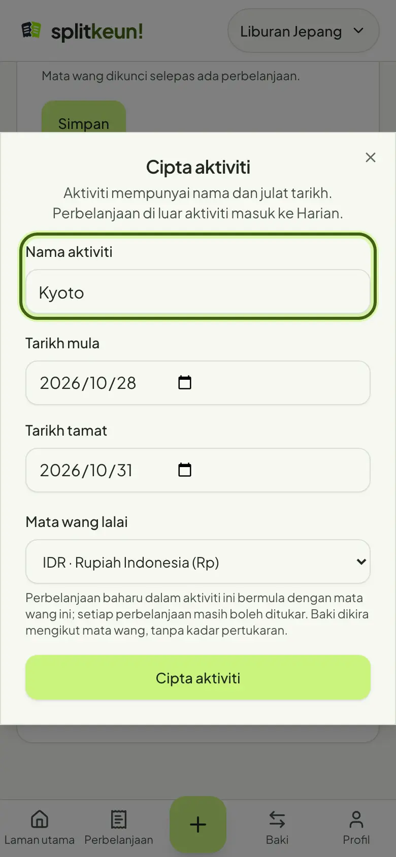 Tangkapan skrin: Cipta aktiviti