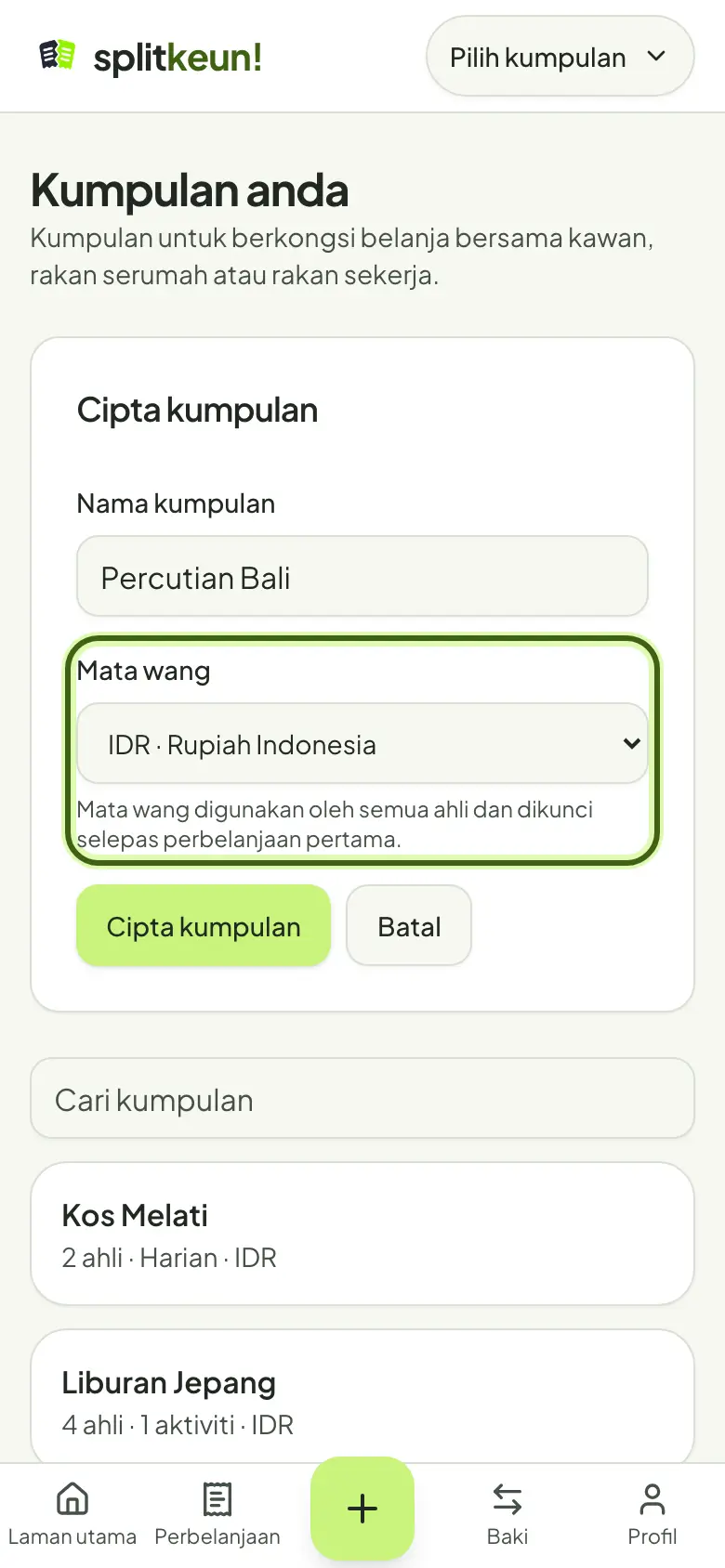 Tangkapan skrin: Pilih mata wang kumpulan
