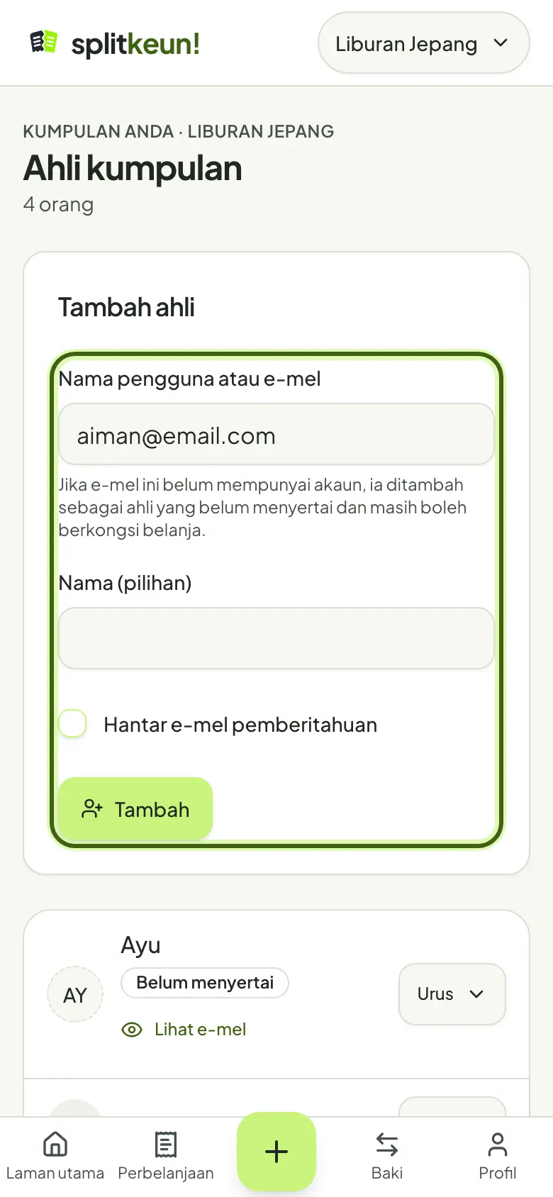 Tangkapan skrin: Tambah ahli