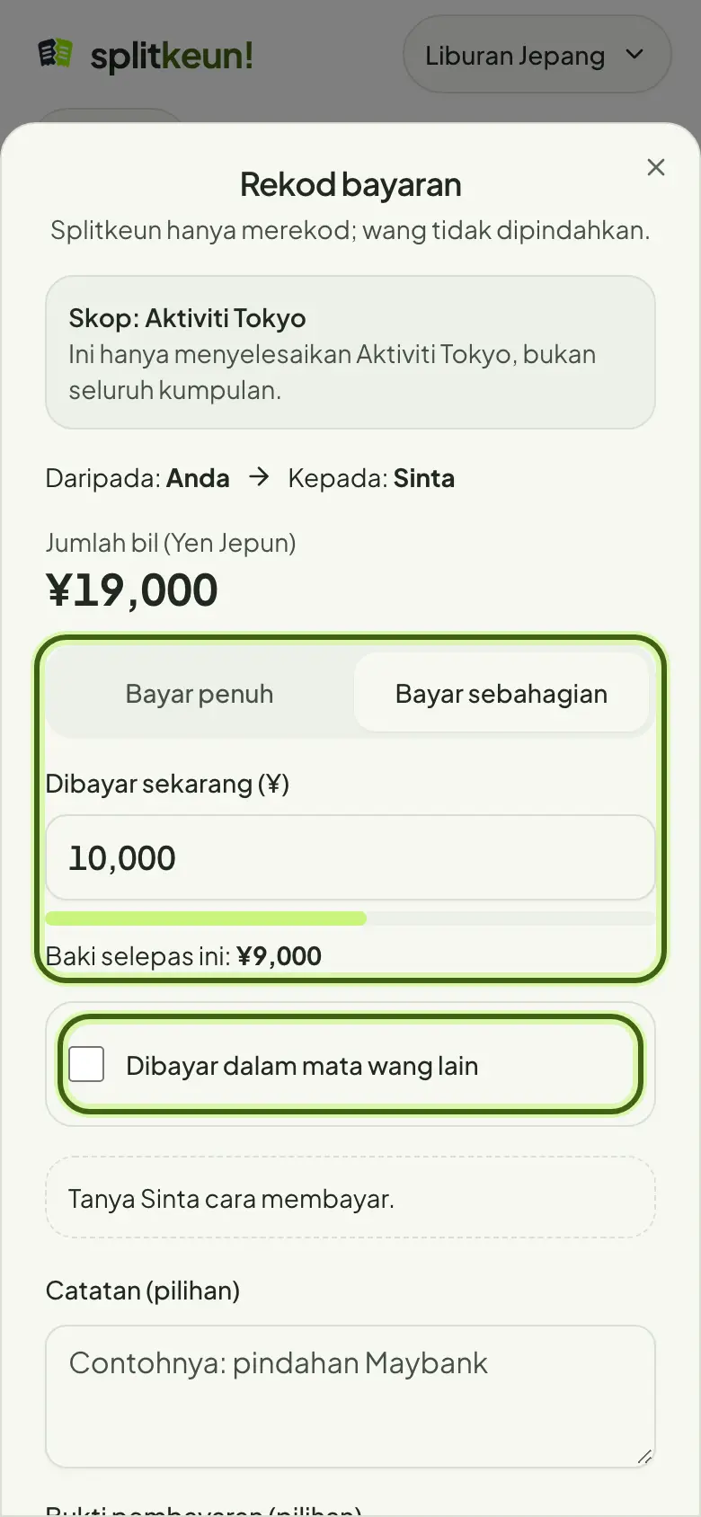 Tangkapan skrin: Bayar sebahagian, atau dalam mata wang lain