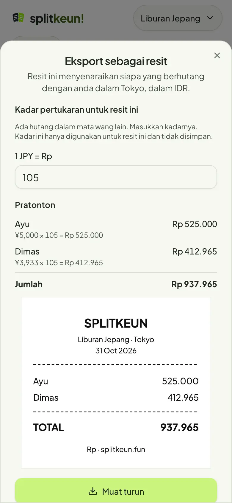 Tangkapan skrin: Eksport sebagai resit